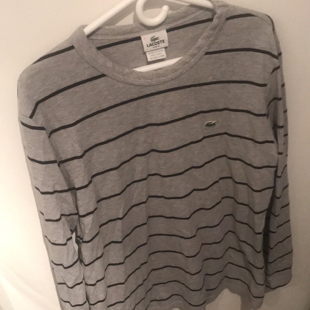 Fantastic Lacoste Textured Long Sleeve Shirt Grey w/ black stripes Slim Fit SZ 7
